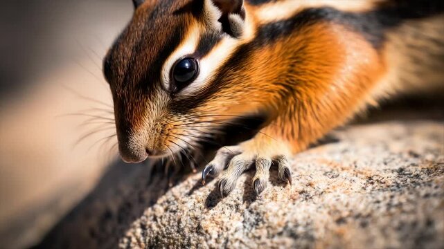 Close-up of a chipmunk on a rock, focused on its eye, fur, and claws