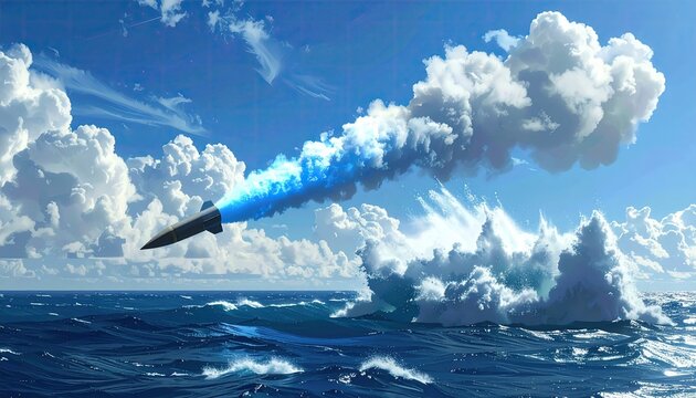 Blue Jet Missile Trail Across Ocean Clouds
