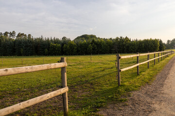 Fototapeta premium Veberod, Sweden A rural field with a wooden fencepost in the Skane province.