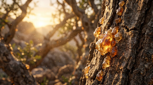 Golden amber resin droplets oozing from the rough textured bark of an ancient tree trunk during a warm sunset with soft glowing light rays filtering through the forest canopy branches.