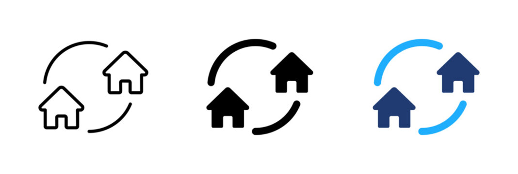 House exchange icon. Real estate swap symbol. Simple pictogram for property exchange, home relocation, moving, housing transfer, residential change and real estate transaction.