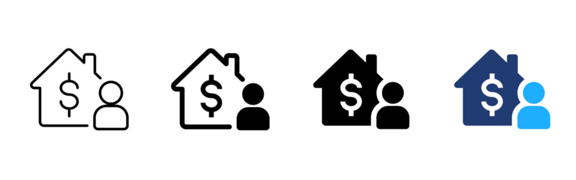Property owner icon. House buyer symbol. Simple pictogram for real estate client, home purchase, mortgage customer, property investment and residential ownership.