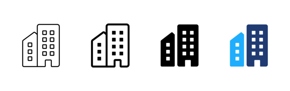 Apartment buildings icon. Residential complex symbol. Simple pictogram for city housing, urban property, real estate, condominium, rental apartment and residential architecture.
