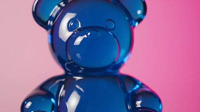 Close-up of a translucent blue bubble-like sculpture with round lobes against pink gradient backdrop