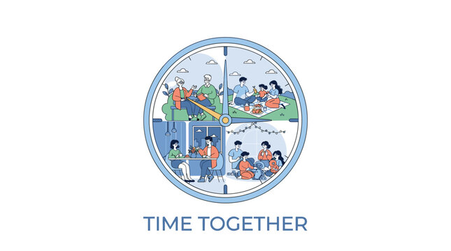 Time together concept. Family moments clock. Life scenes illustration.