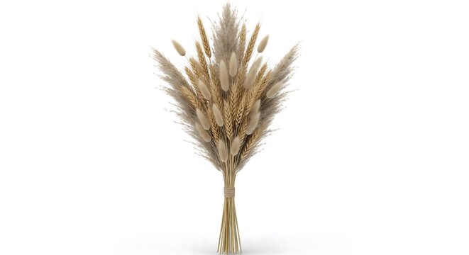 Elegant boho bouquet of dried pampas grass, wheat, and bunny tail grass tied together, isolated on white. Perfect for minimalist, rustic, autumn, and interior decor concepts.
