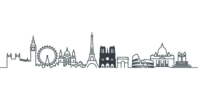 European City Skyline Silhouette: Iconic Landmarks from London, Paris, Rome