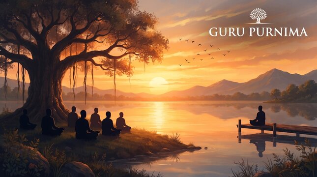 Happy Guru Purnima silhouette banner of Guru and disciples at sunset by the lake