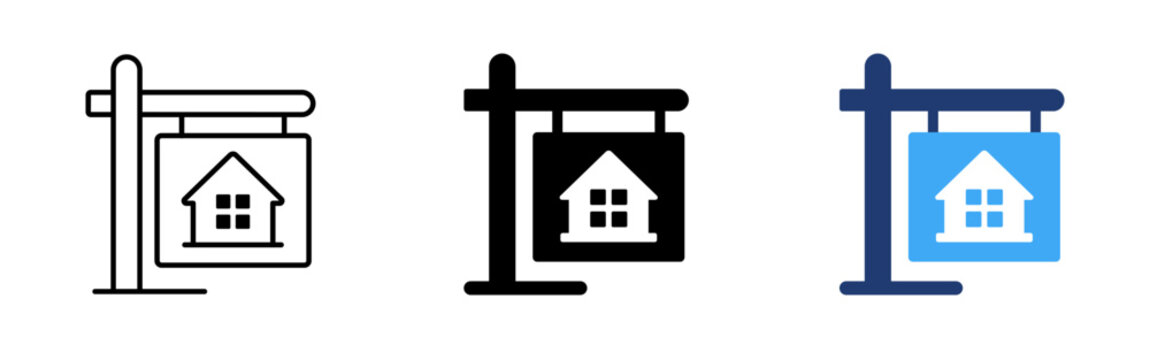 Real estate sign icon. Property listing board symbol. Simple pictogram for house sale, rental offer, realtor service, housing market and residential property advertisement.