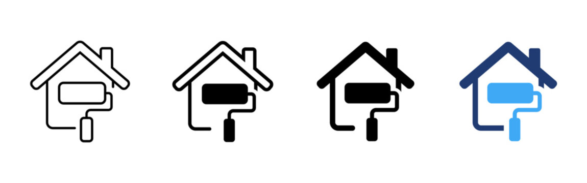 Home renovation icon. Paint roller and house symbol. Simple pictogram for property repair, exterior painting, residential maintenance, remodeling and real estate improvement.
