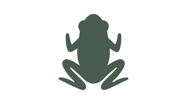 Minimalist dark green silhouette of a frog icon.