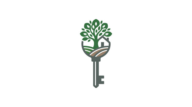 A creative logo design featuring a key integrated with a tree and a house.