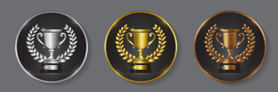 set of gold silver and bronze winner trophy cup emblems vector illustration.