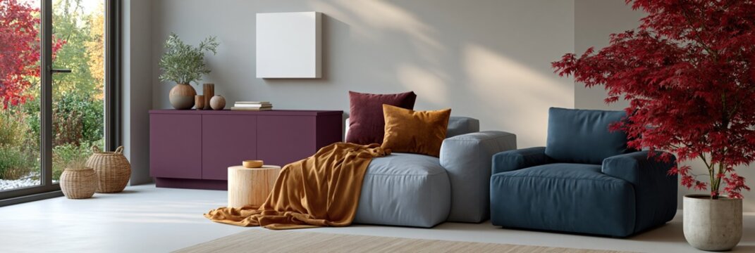 Modern cozy living room interior with blue modular sofa burgundy sideboard and autumn decor for interior design background and home staging