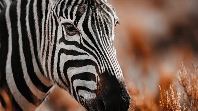 Close-up of a zebra's head, highlighting its distinctive black and white stripes and eye