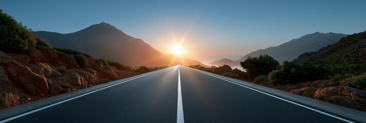Plakat Straight open highway leading to sunrise between mountains for panoramic road background and travel banner design