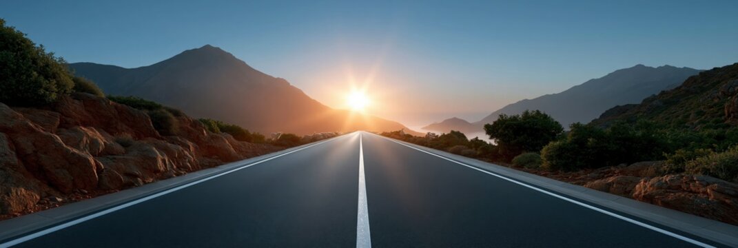 Straight open highway leading to sunrise between mountains for panoramic road background and travel banner design