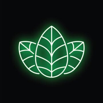 Green neon light leaves symbolizing ecology, plant based products, and natural environment