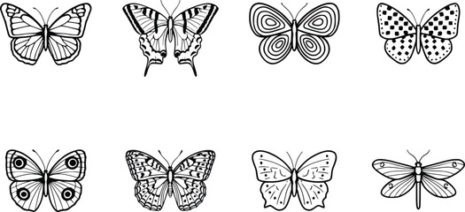 Collection of various butterfly illustrations with unique patterns and designs on white background © AFSONA