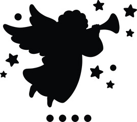 Silhouette of angel blowing trumpet surrounded by stars for Christmas or Easter design © THANKYOU
