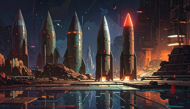 Futuristic Launch Pads Dense with Rocket Ships in Night Scene