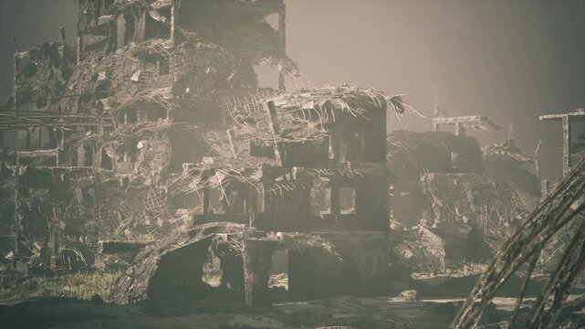 ruined concrete blocks under muted dusk, piles of rubble, crushed vehicles, twisted rebar, low fog and ash, desolate atmosphere with cinematic grain and quiet