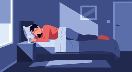 Fototapeta premium Restless Night: A Person Struggling With Sleep In A Dark Bedroom Illustration