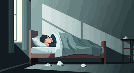 Fototapeta premium Resting Figure in a Dimly Lit Bedroom Under the Morning Sun's Gentle Rays