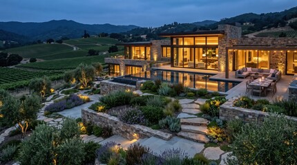 Fototapeta premium Stone vineyard villa with elevated pool and terraced garden at dusk