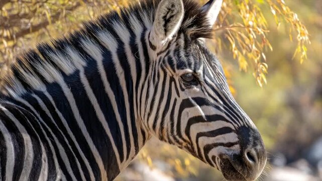 A close-up portrait of a zebra's head and neck with distinctive black and white stripes