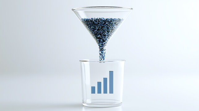 Abstract illustration of data filtering through a funnel into a glass with a bar graph, symbolizing data analysis and growth