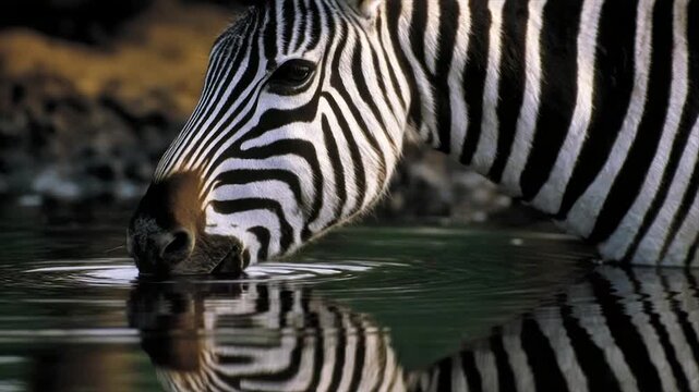 A zebra drinks from the water, its reflection mirroring the striking black and white stripes