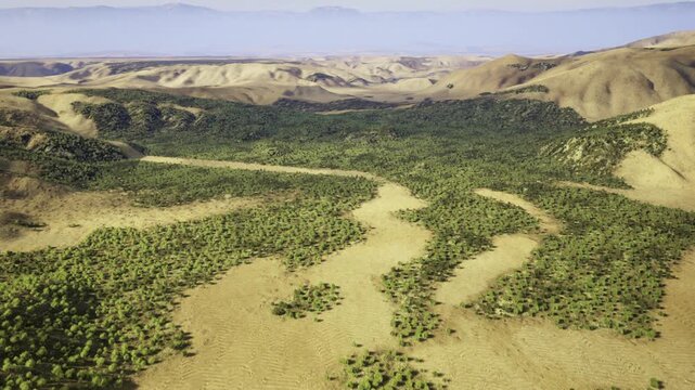 Aerial conservation corridor with shrub mosaic and winding valley ecology teams assessing connectivity for rewilding and wildlife refuge planning
