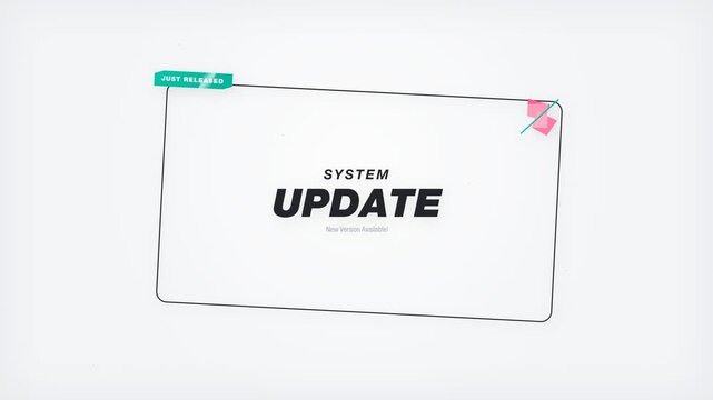 A clean, modern motion graphic featuring a tech notification box with 'System Update' and 'Just Released' labels, utilizing a sleek glitch typography animation on a bright background