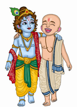 hand drawn digital art of lord krishna and sudama