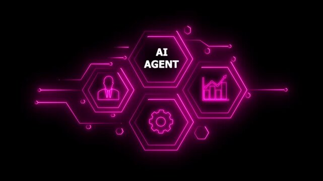 Abstract neon Hud knowledge ability business gear icon Glowing neon line concept.Glowing " AI AGENT" button in German on a futuristic,abstract wave technology on black background. 4K animation video.