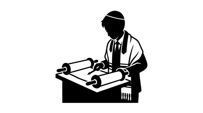 A silhouette illustration of a Jewish man reading from a Torah scroll at a synagogue.