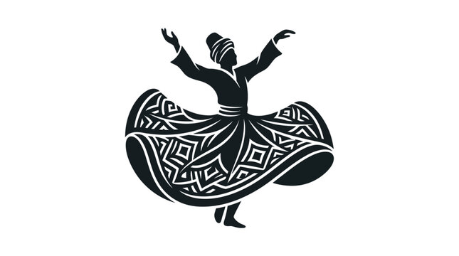 A stylized black silhouette of a Sufi dervish performing a traditional whirling dance.