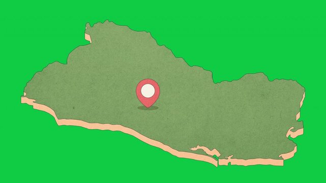 Animated El Salvador Map with Bouncing Location Marker on San Salvador City, Transparent Background, Alpha Channel, 4K resolution