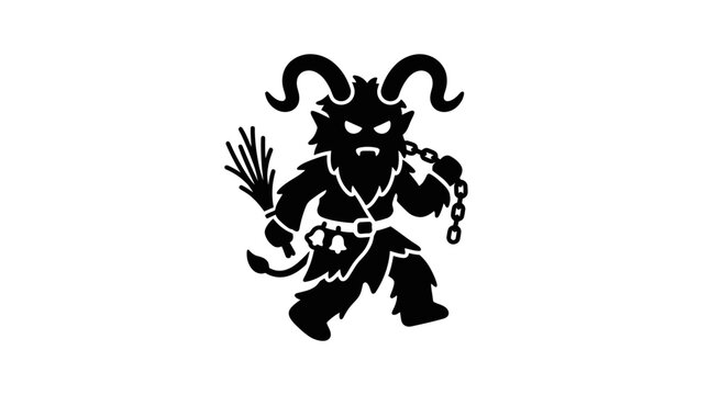 A black silhouette illustration of the mythical Krampus character holding a chain and birch branches.