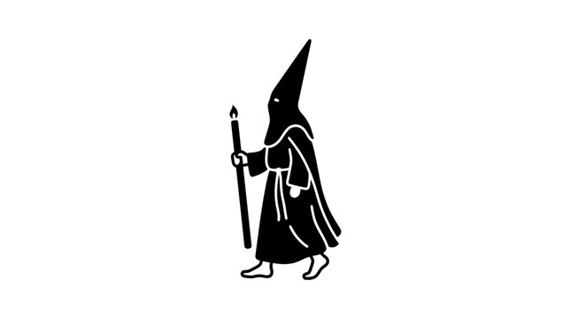 A minimalist black silhouette of a hooded penitent figure holding a staff.
