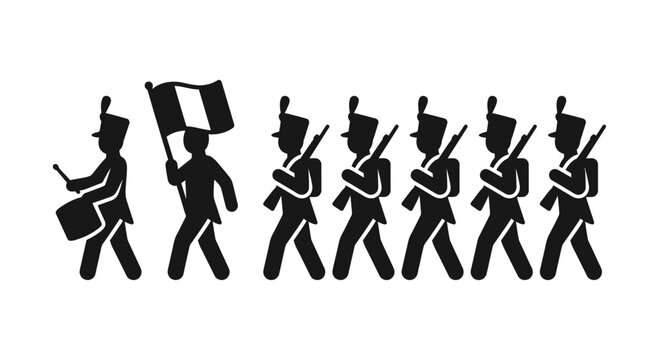 A group of silhouette soldiers marching in a line with a drummer and flag bearer.