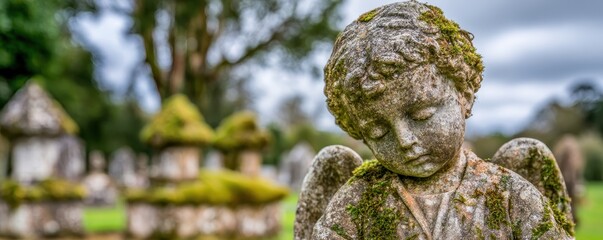 Obraz premium Close up of weathered stone angel statue with green moss in an old cemetery