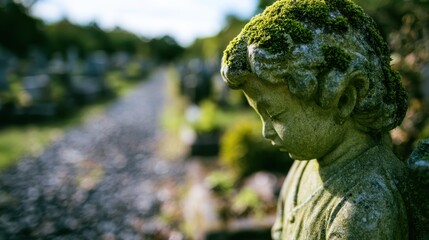 Obraz premium Old stone cherub angel sculpture covered in green moss stands in quiet graveyard during the day