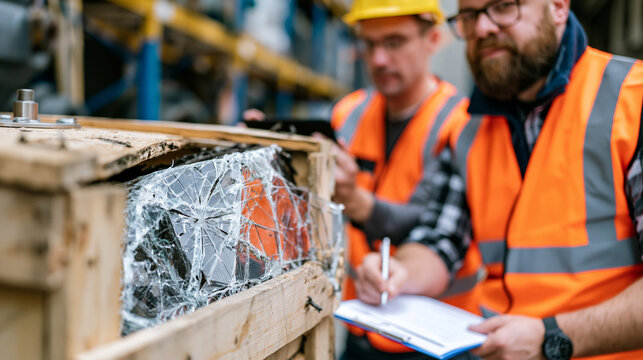 Cargo loss investigation officer photographs damaged freight on a warehouse inspection floor, documenting the condition of a crushed industrial equipment crate while a claims assessor fills in a car