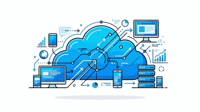 Digital cloud network with devices servers and data analytics graphics