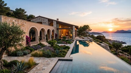 Fototapeta premium Mediterranean villa garden and infinity pool overlooking coastal islands at sunset