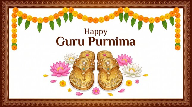 Happy guru purnima greeting with traditional paduka sandals and flowers