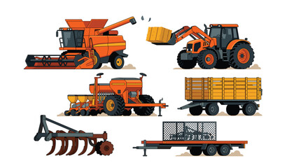 Agricultural machinery and heavy farm vehicles vector set including combine harvester tractor seeder plow trailer and wagon illustration © Ruma