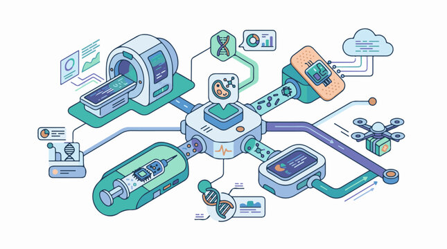 Futuristic medical technology network with MRI drone and DNA